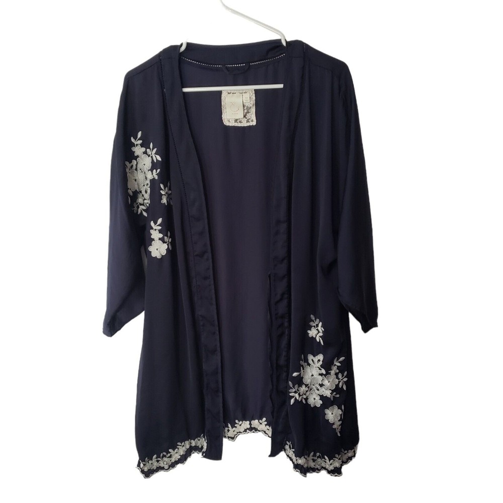 Anthropologie Silky Rayon Navy Robe with White Floral Embroidery Lightweight